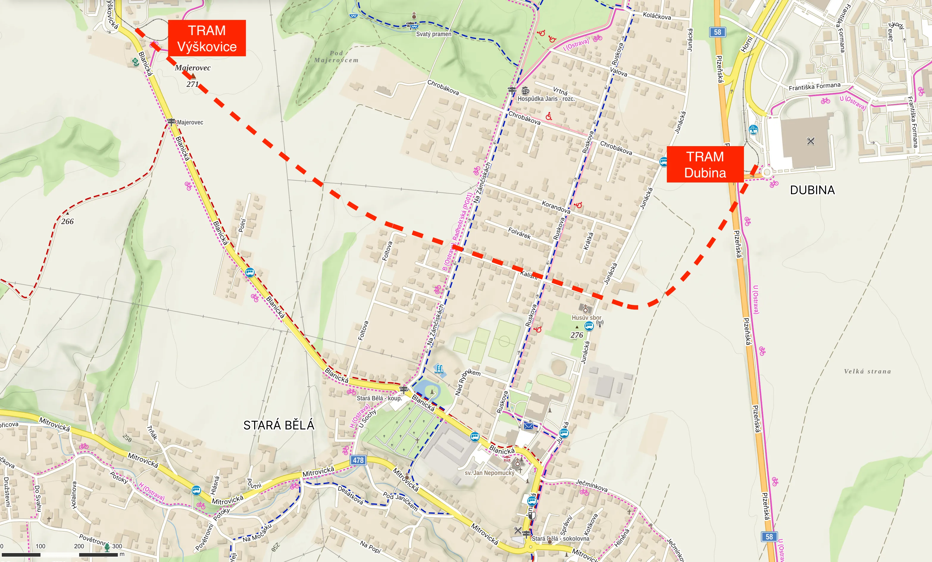 Vedení tramvajové trati přes Starou Bělou.